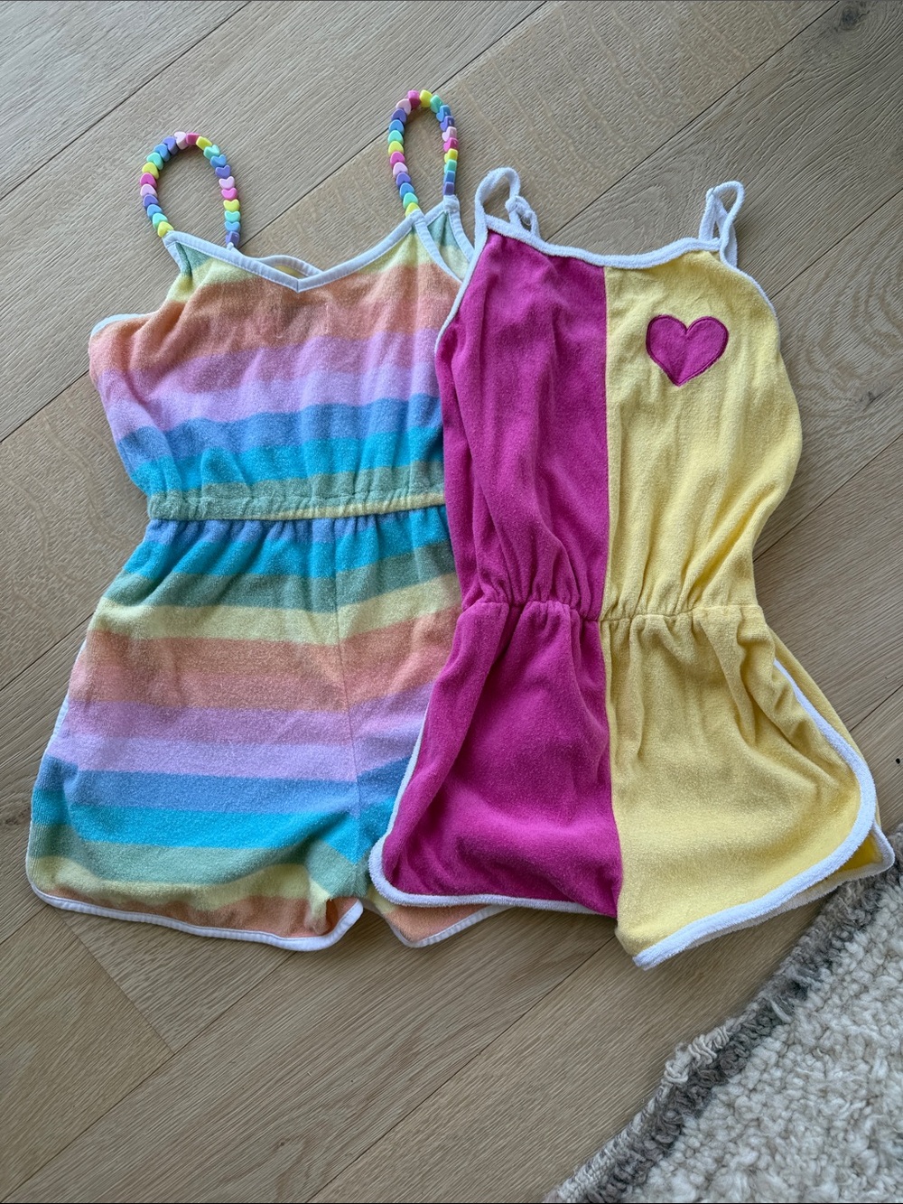 Lot of 2 Lola + The Boys Pastel Rainbow Heart-Trim Terry Rompers 💓🌈🦄
